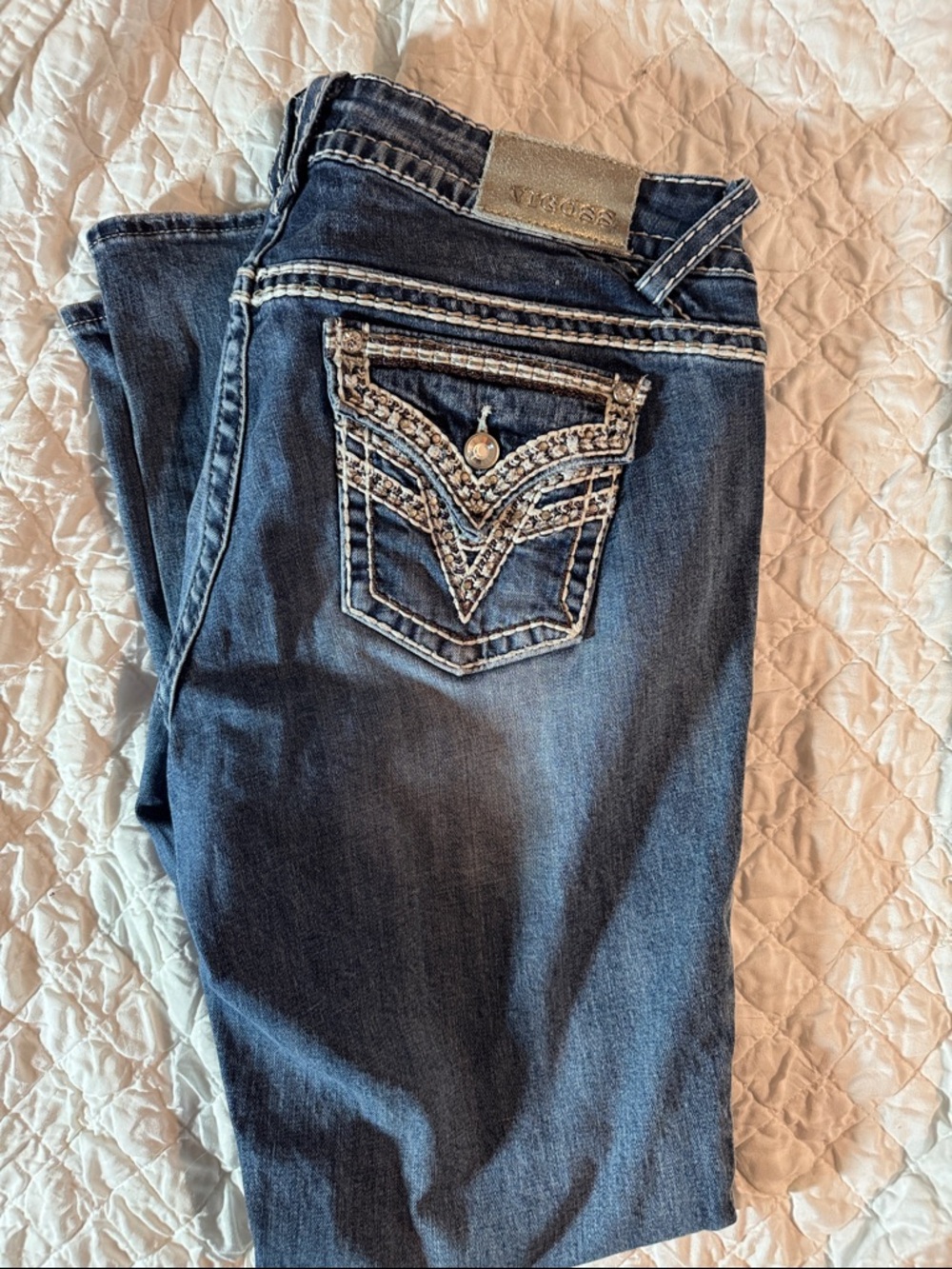 Vigoss Women's Dark Slim Blue Boot Cut Jeans with Embellished Pocket